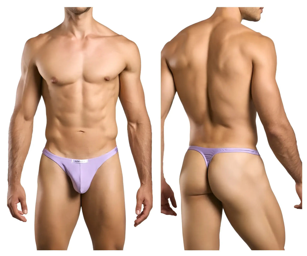 Lavender-colored justin simon xsj03 classic thong made of smooth fabric with subtle striped waistband detail