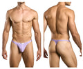 Lavender-colored justin simon xsj03 classic thong made of smooth fabric with subtle striped waistband detail