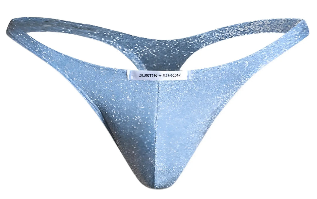 A shimmering light blue glittery lurex thong from justin + simon classic thongs collection seen from the back side
