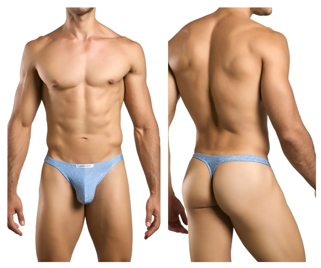 Light blue textured men’s thong with subtle pattern and small brand tag front by JUSTIN SIMON XSJ03 Lurex Blue