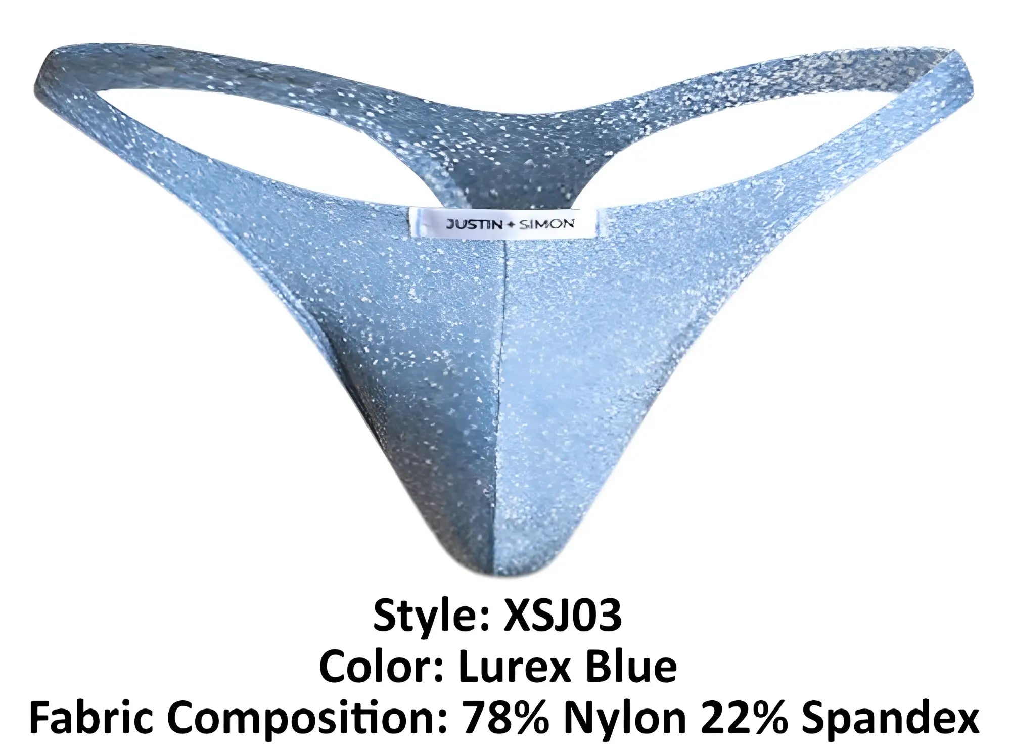 A shimmering lurex blue thong by Justin Simon made with 78% nylon and 22% spandex sparkling fabric blend