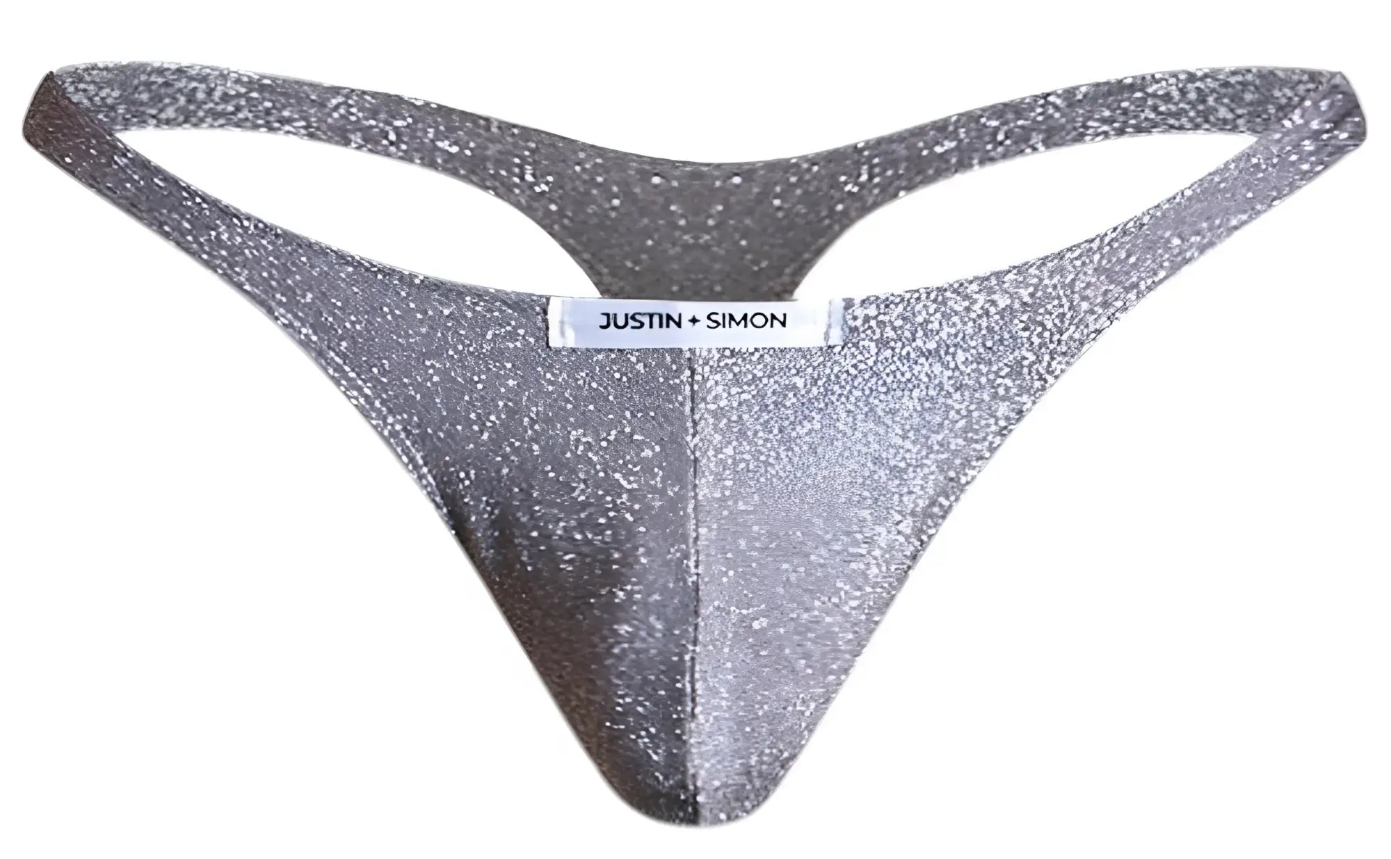 Shiny silver glitter thong by Justin Simon classic XSJ03 in lurex gray color showcasing front design