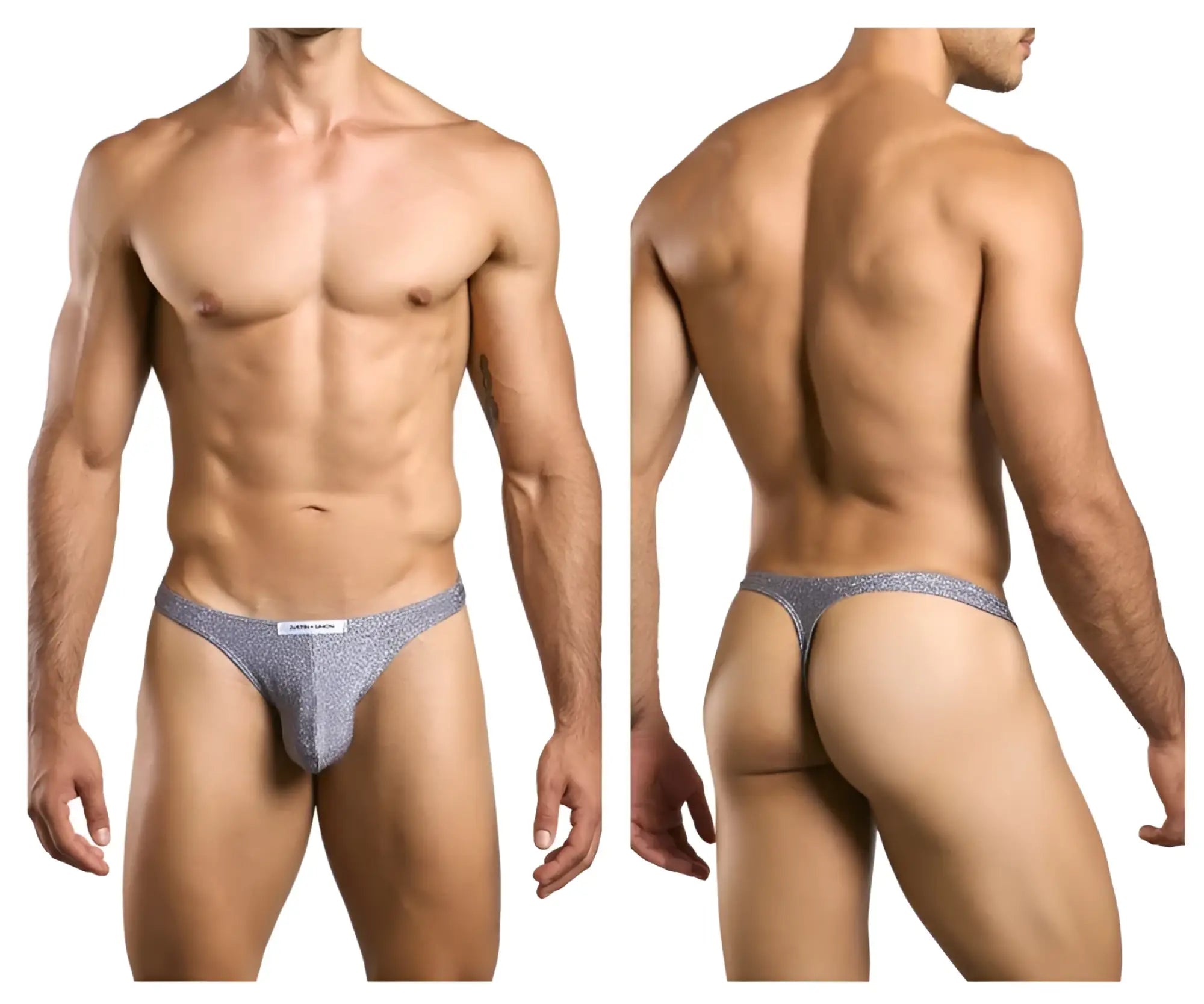 Justin Simon xsj03 classic silver glitter thong with subtle texture and small white brand label at front in lurex gray