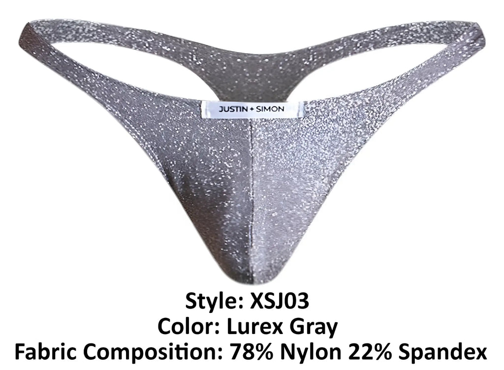 Justin + Simon xsj03 classic silver glittery lurex gray thong showing front side with shiny fabric and slim fit design