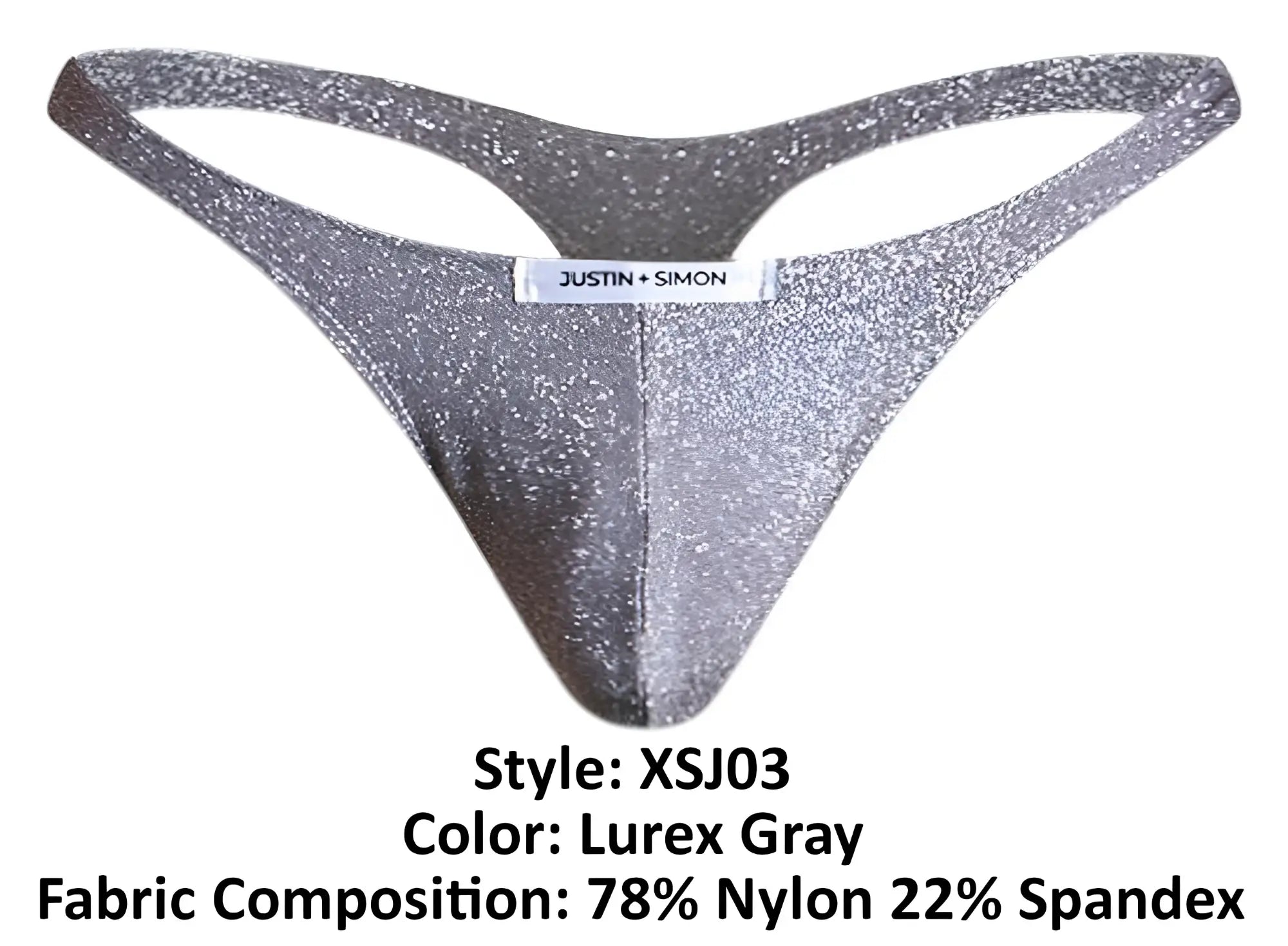 Justin + Simon xsj03 classic silver glittery lurex gray thong showing front side with shiny fabric and slim fit design