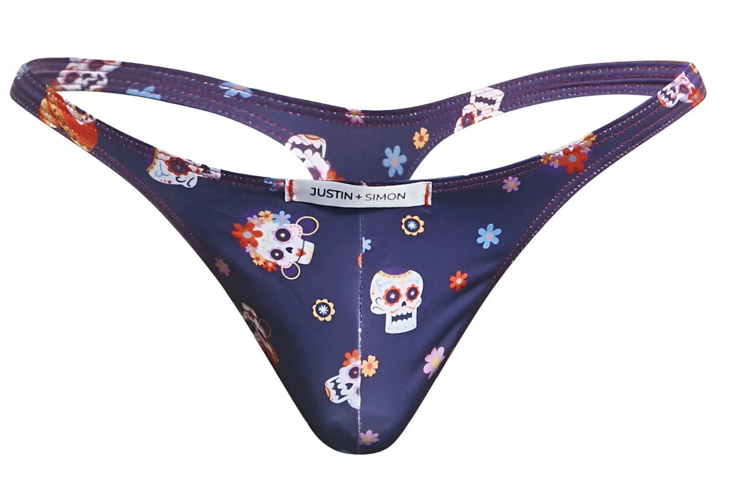 Dark blue classic thong with sugar skull and floral pattern featuring justin simon brand label from mexico collection