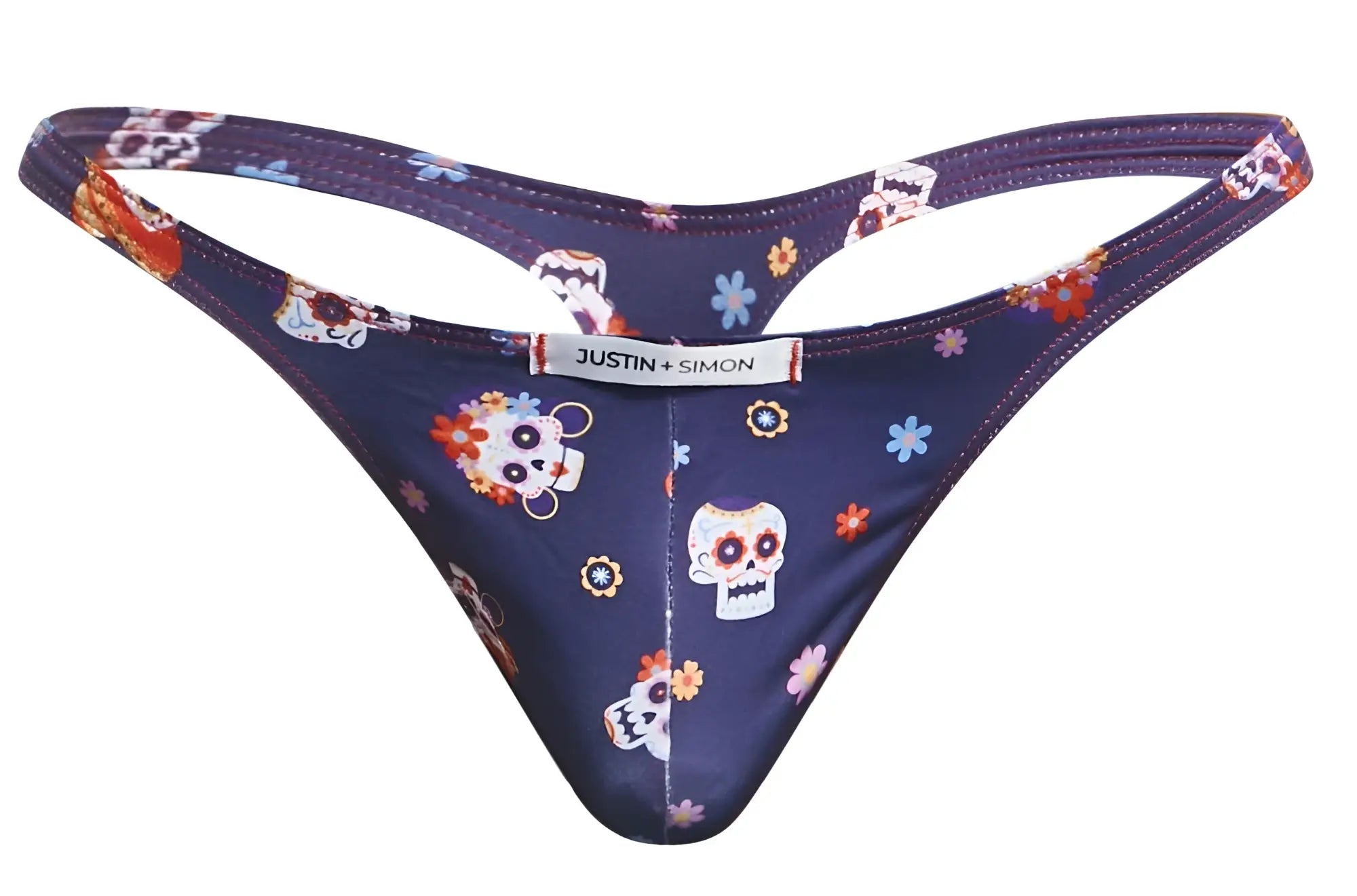 Dark blue classic thong with sugar skull and floral pattern featuring justin simon brand label from mexico collection