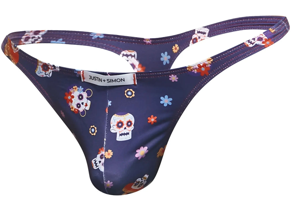 Dark blue thong with vibrant sugar skull and floral pattern featuring justin simon label from justin simon xsj03 classic thongs color mexico