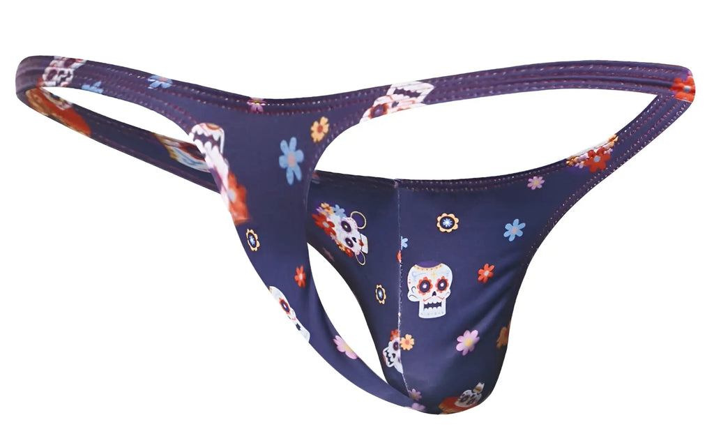 Navy blue classic thong by justin simon featuring colorful sugar skull and floral pattern from the mexico collection