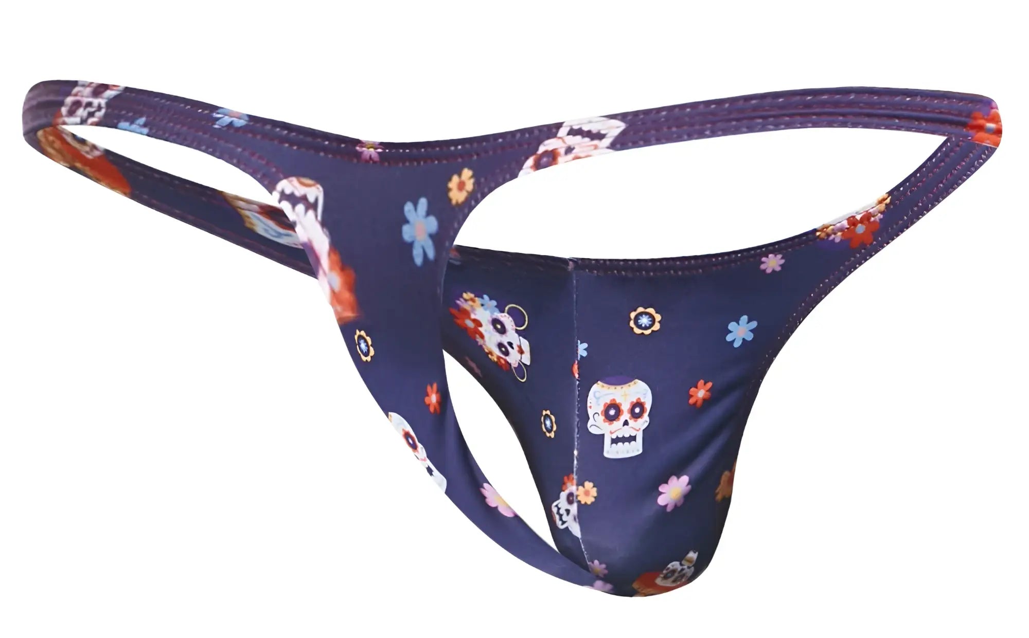 Navy blue classic thong by justin simon featuring colorful sugar skull and floral pattern from the mexico collection