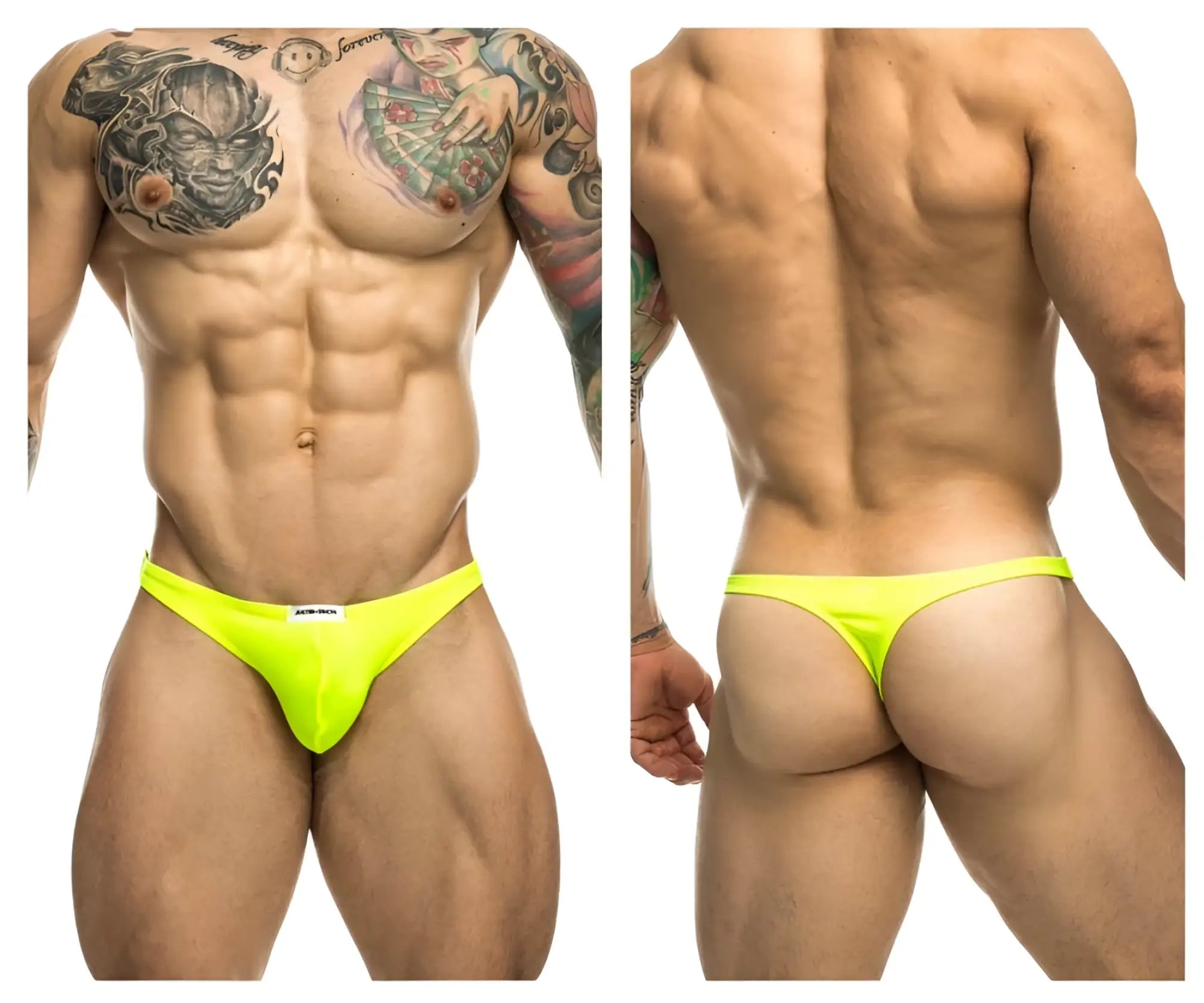 Neon yellow low-rise athletic briefs with a small brand logo front from JUSTIN+SIMON XSJ03 classic thongs neon green collection