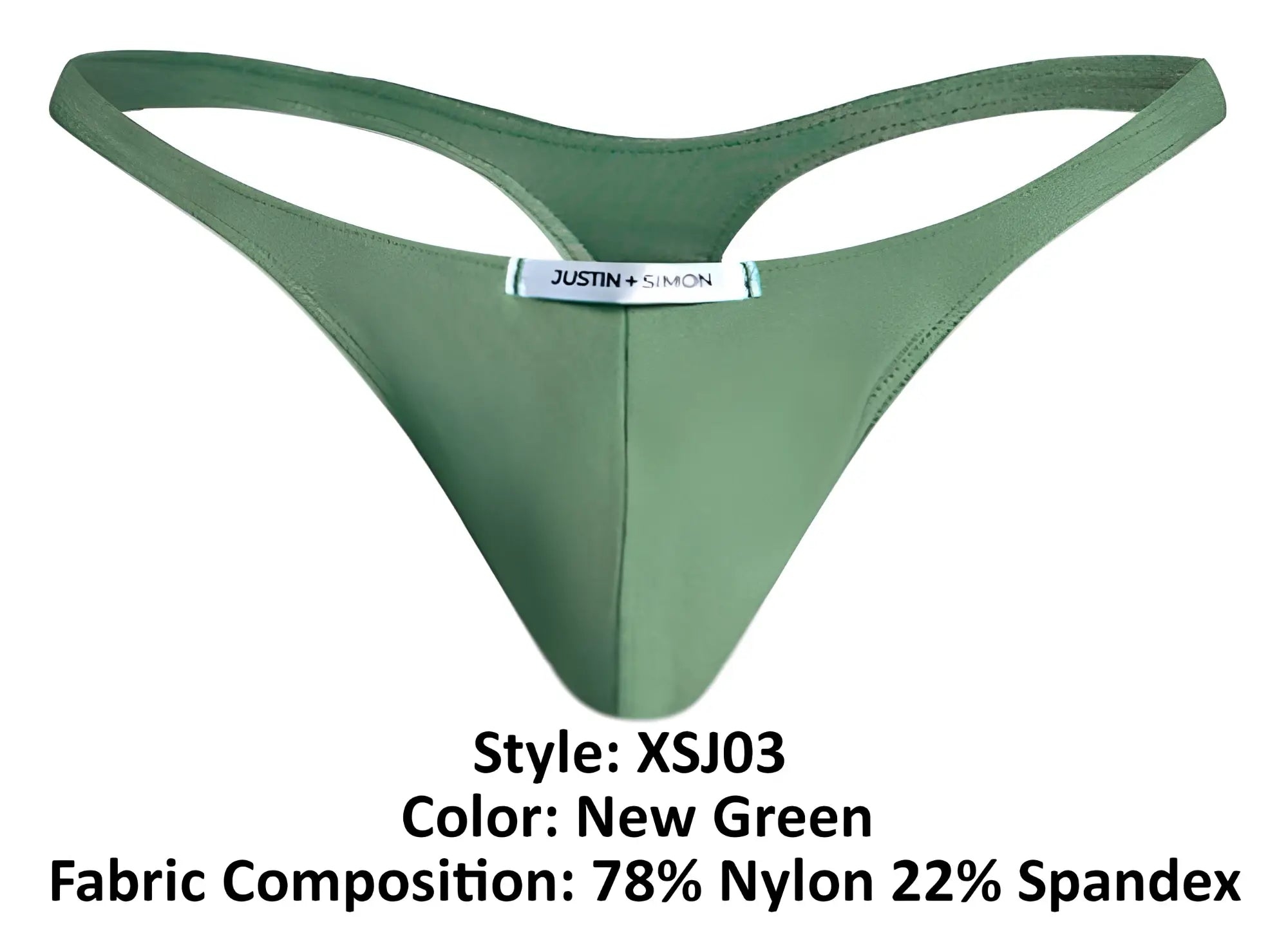 Olive green justin simon classic thong in sleek form fitting design made of 78 nylon 22 spandex front side view