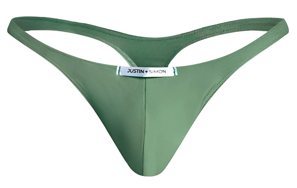 Olive green justin simon xsj03 classic thong in smooth stretchy fabric with minimalist design and back brand label