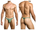 Justin+Simon classic green thong with form-fitting design and small white label at the front