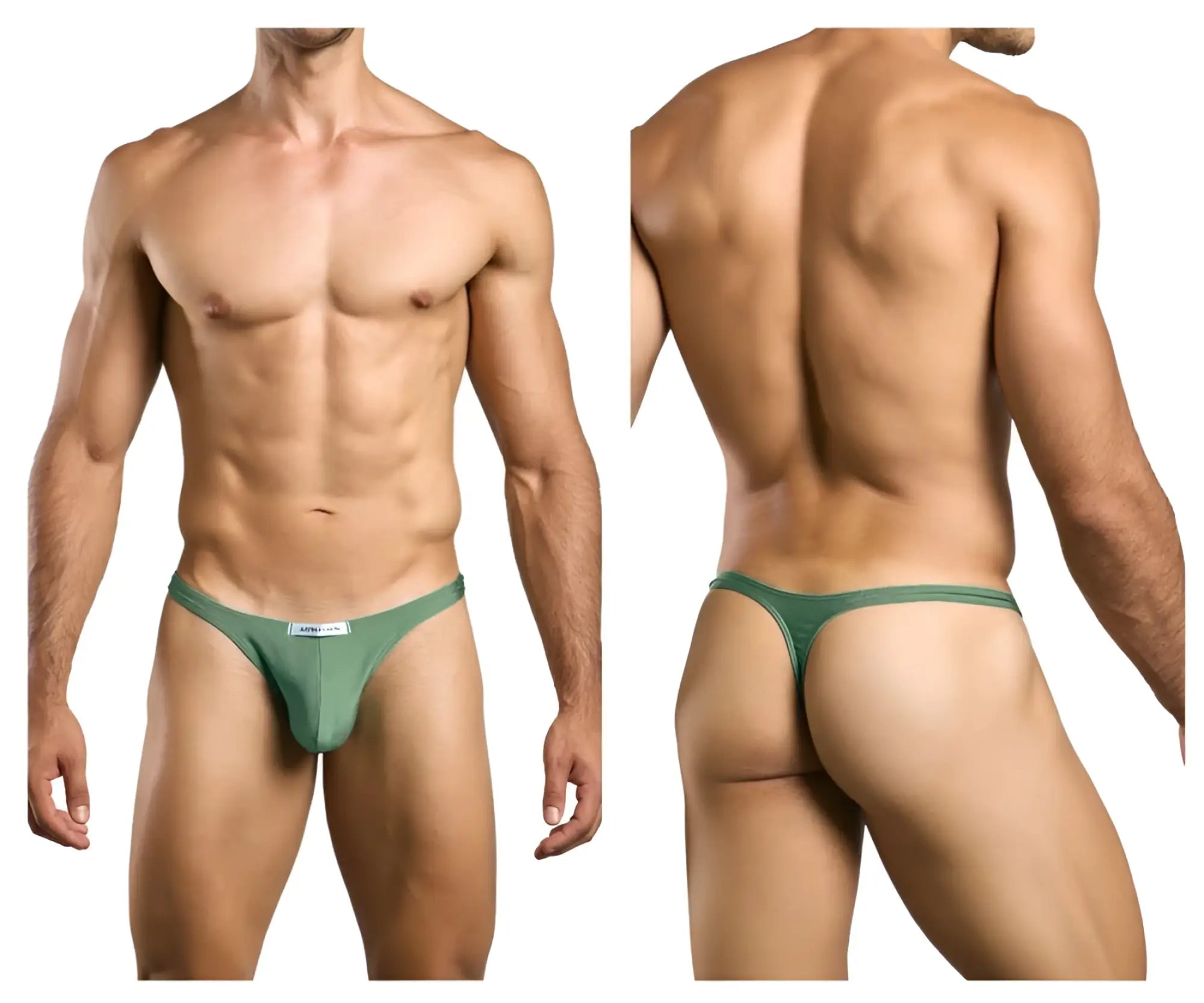 Justin+Simon classic green thong with form-fitting design and small white label at the front