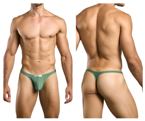 Justin+Simon classic green thong with form-fitting design and small white label at the front