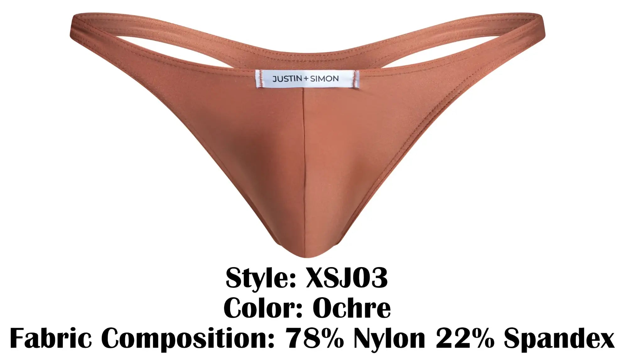 Ochre-colored thong by justin simon made of 78 percent nylon and 22 percent spandex fabric shown from the back side