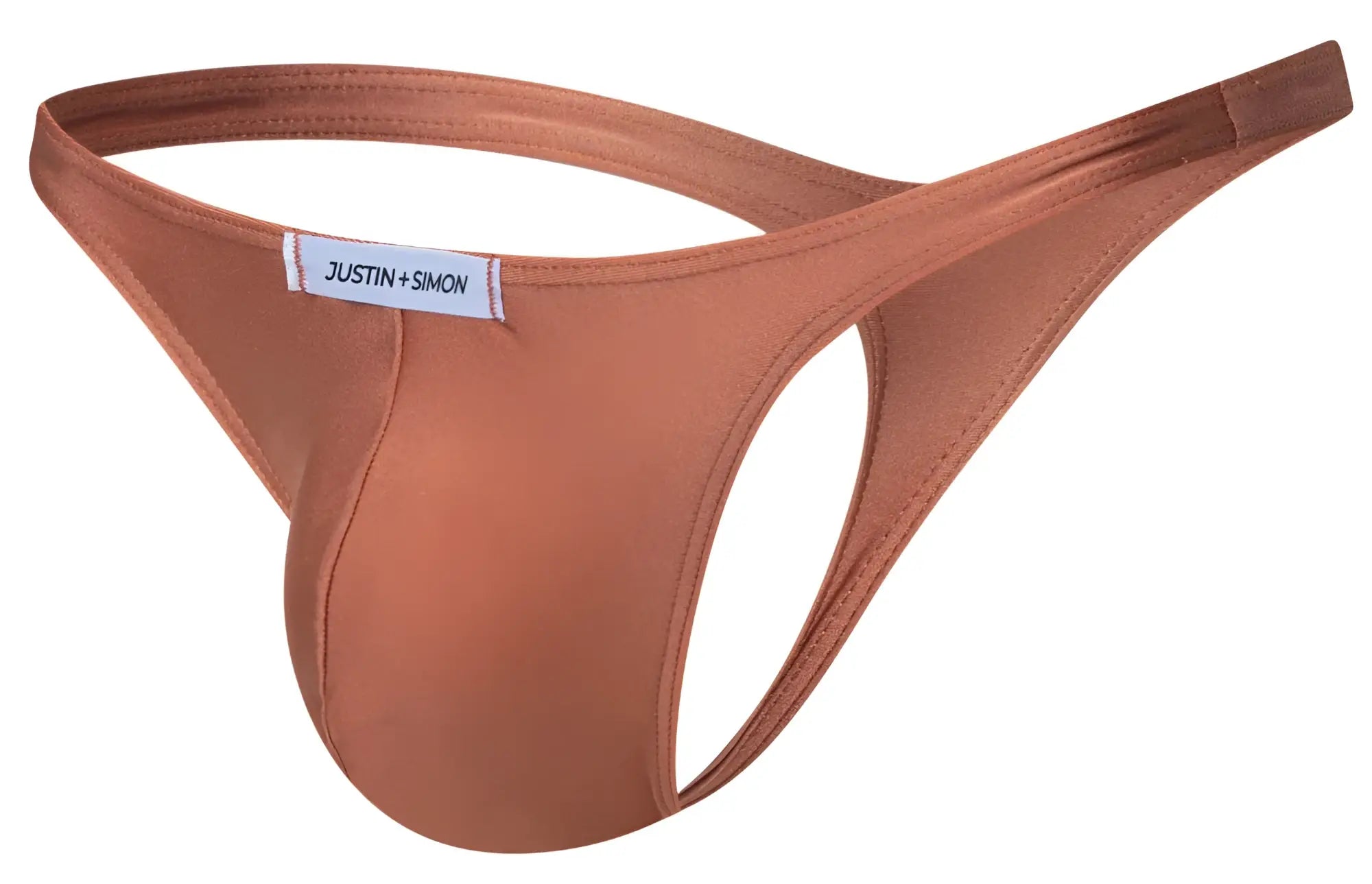 A sleek rust-colored classic thong by justin simon made of smooth stretchy fabric with a minimalist design and label
