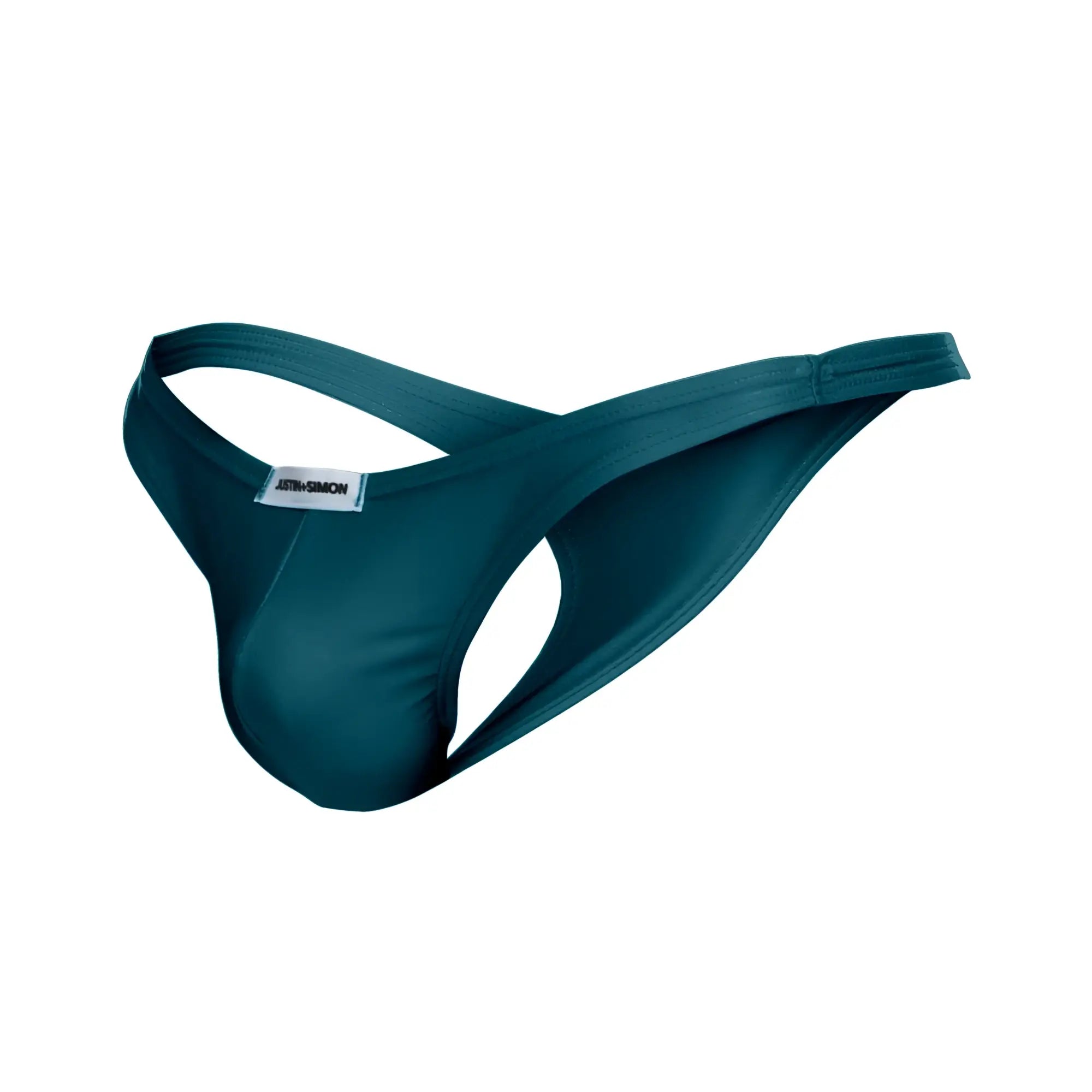 Teal-colored smooth textured thong with minimalist design and branded label from Justin Simon XSJ03 Classic Thongs opal green