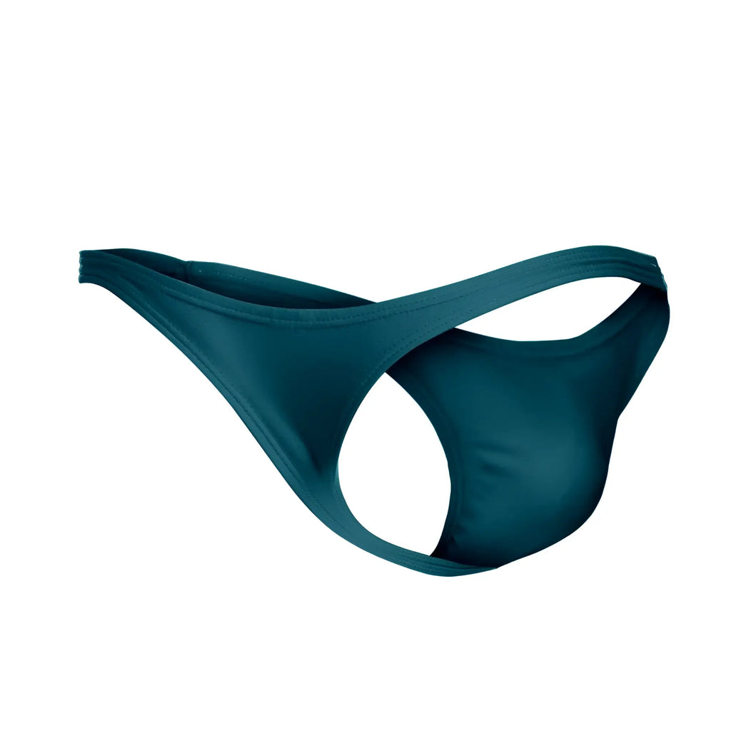 Justin+simon xsj03 classic thong in opal green teal stretch fabric with smooth minimalist design shown from back