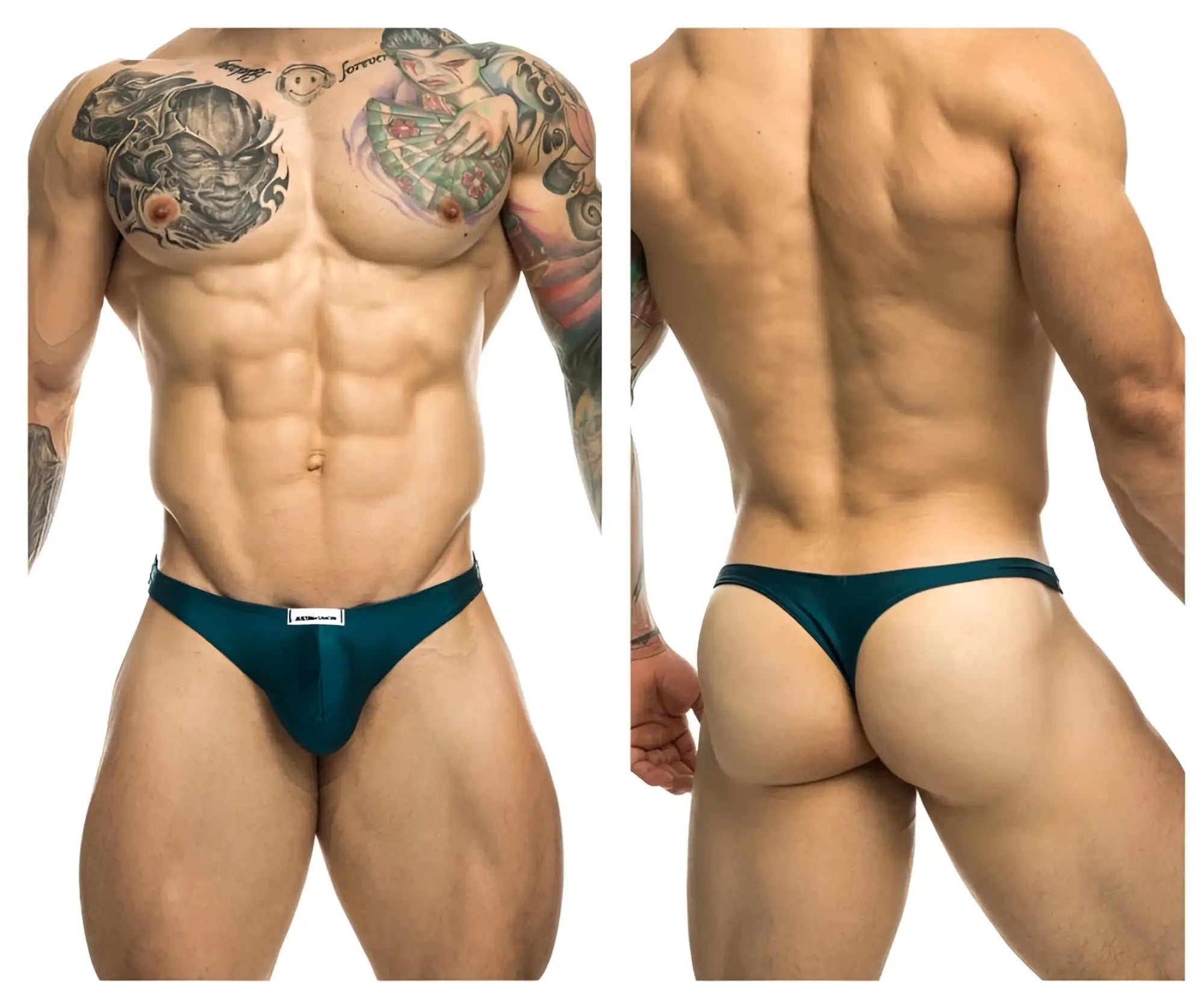 Teal form-fitting thong with a small white label at the front from justin+simon xsj03 classic thongs opal green collection