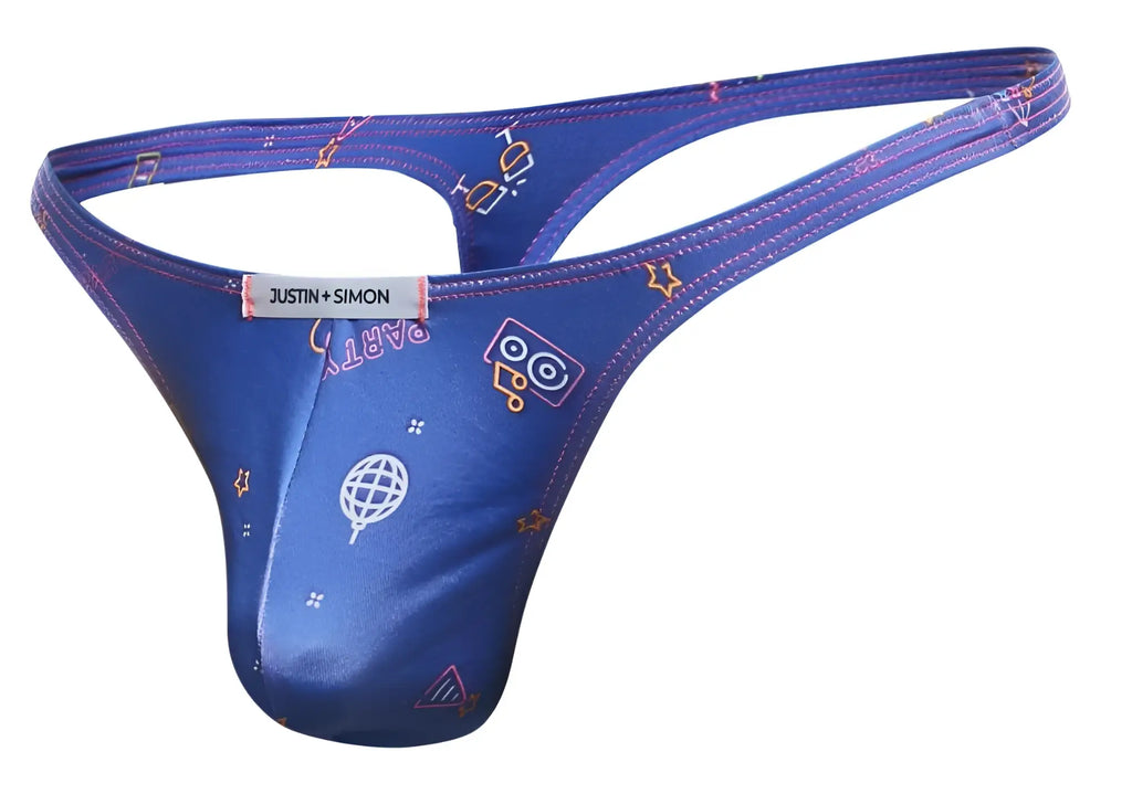 Blue justin simon thong with shiny satin finish and playful white yellow pink party graphics from justin simon xsj03 classic thongs