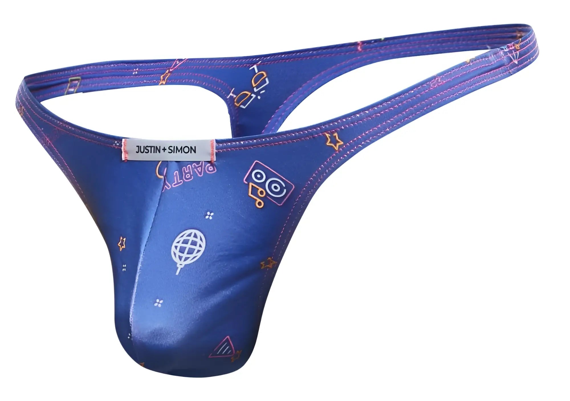 Blue justin simon thong with shiny satin finish and playful white yellow pink party graphics from justin simon xsj03 classic thongs