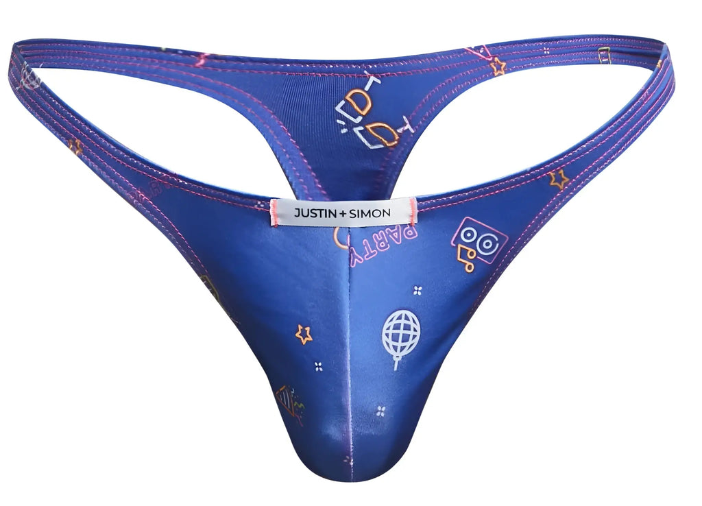 Blue justin simon thong with playful pink yellow and white party-themed icons for classic color party wear