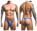 Blue patterned men’s thong with a small white logo on the front from justin+simon xsj03 classic thongs color party collection