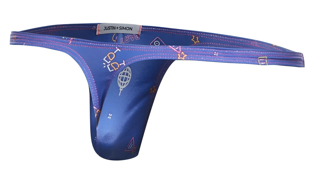 Blue satin thong from justin+simon xsj03 classic thongs color party with playful pink and white star geometric globe pattern