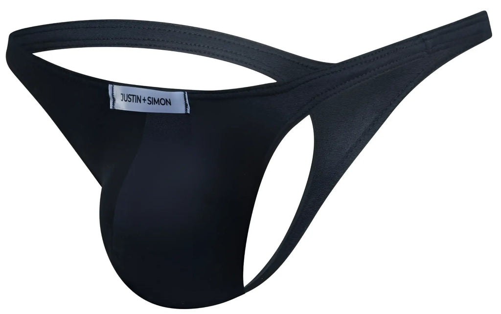 Black justin simon thong with smooth form fitting design and reinforced stitching from the justin+simon xsj03 classic collection