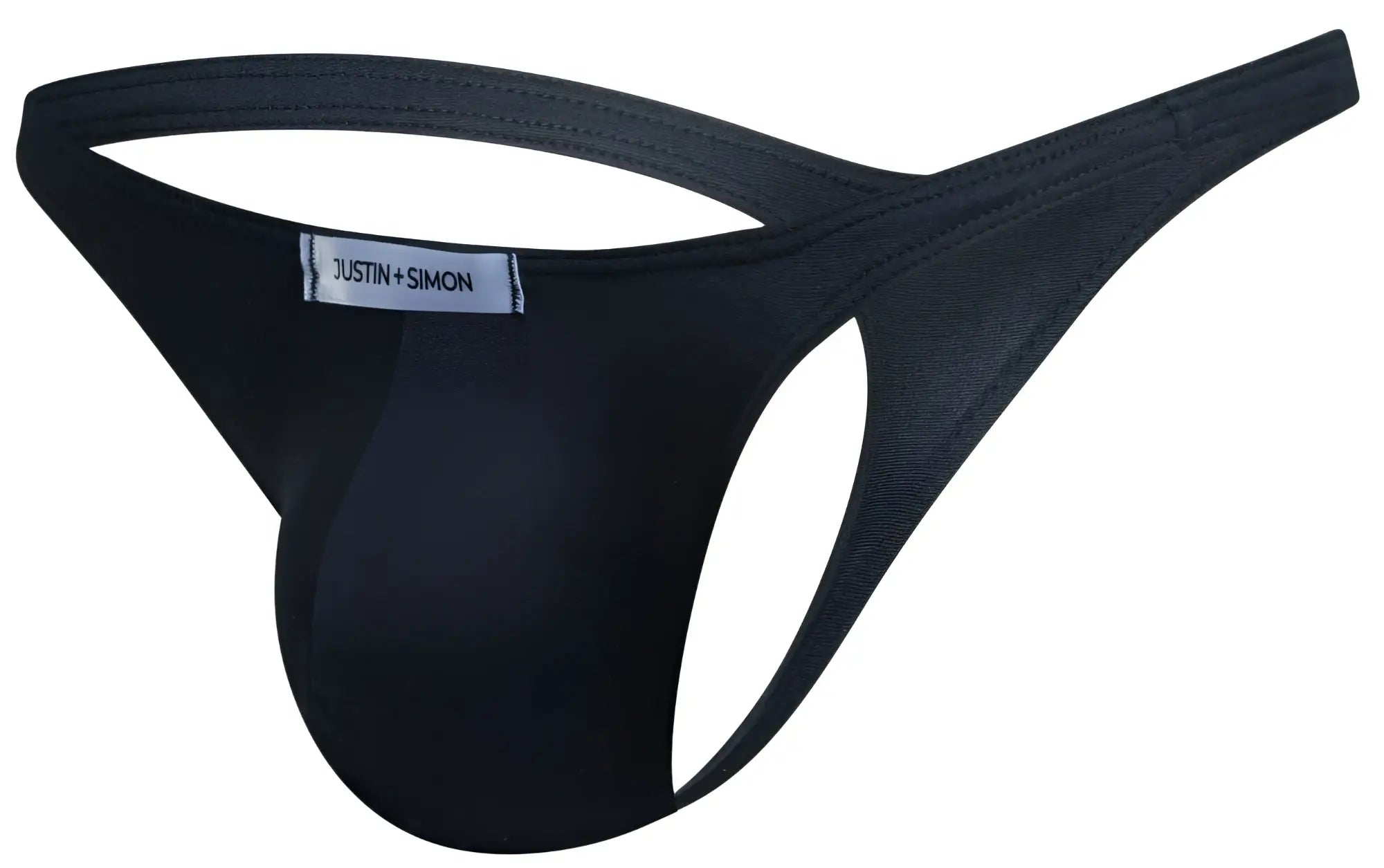 Black justin simon thong with smooth form fitting design and reinforced stitching from the justin+simon xsj03 classic collection