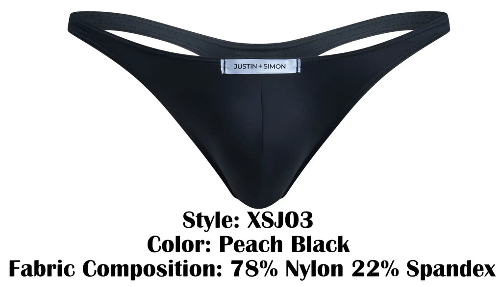 Black peach classic thong by justin + simon style xsj03 in black showing the back side of the product