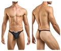 Black thong briefs with a white label at the front from justin simon xsj03 classic thongs in peach black color