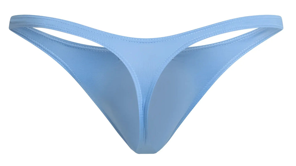 Light blue justin simon classic thong made of smooth stretchy fabric with minimalist design and fine edge stitching