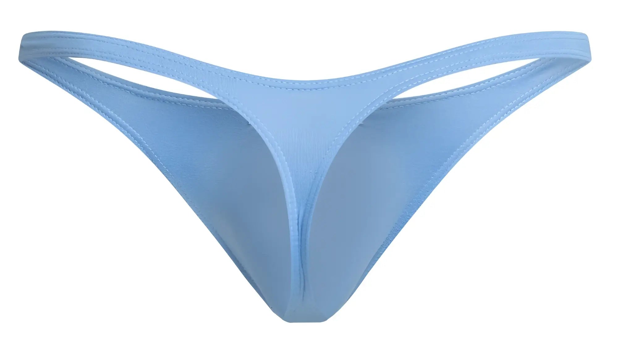 Light blue justin simon classic thong made of smooth stretchy fabric with minimalist design and fine edge stitching