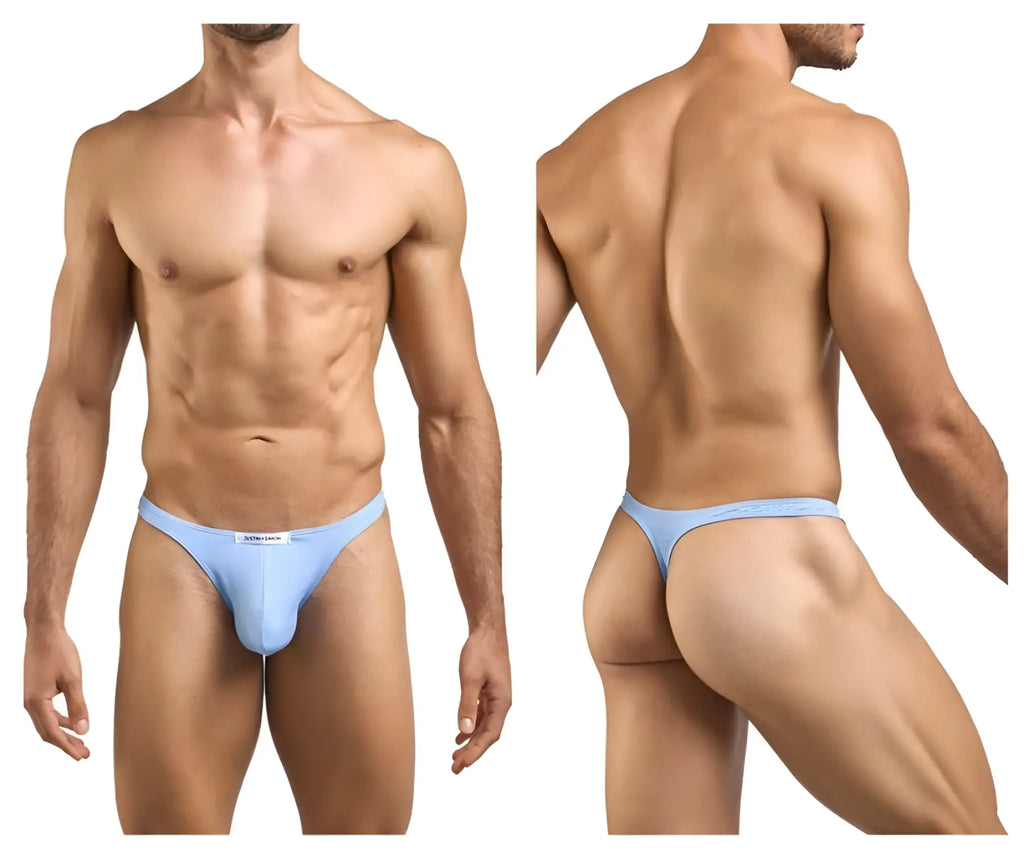 Light blue form-fitting thong underwear with subtle brand tag front designed by JUSTIN SIMON in peach blue color