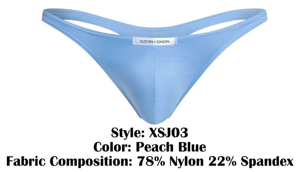 Peach blue classic thong by Justin Simon made of 78 nylon 22 spandex shown from the back side