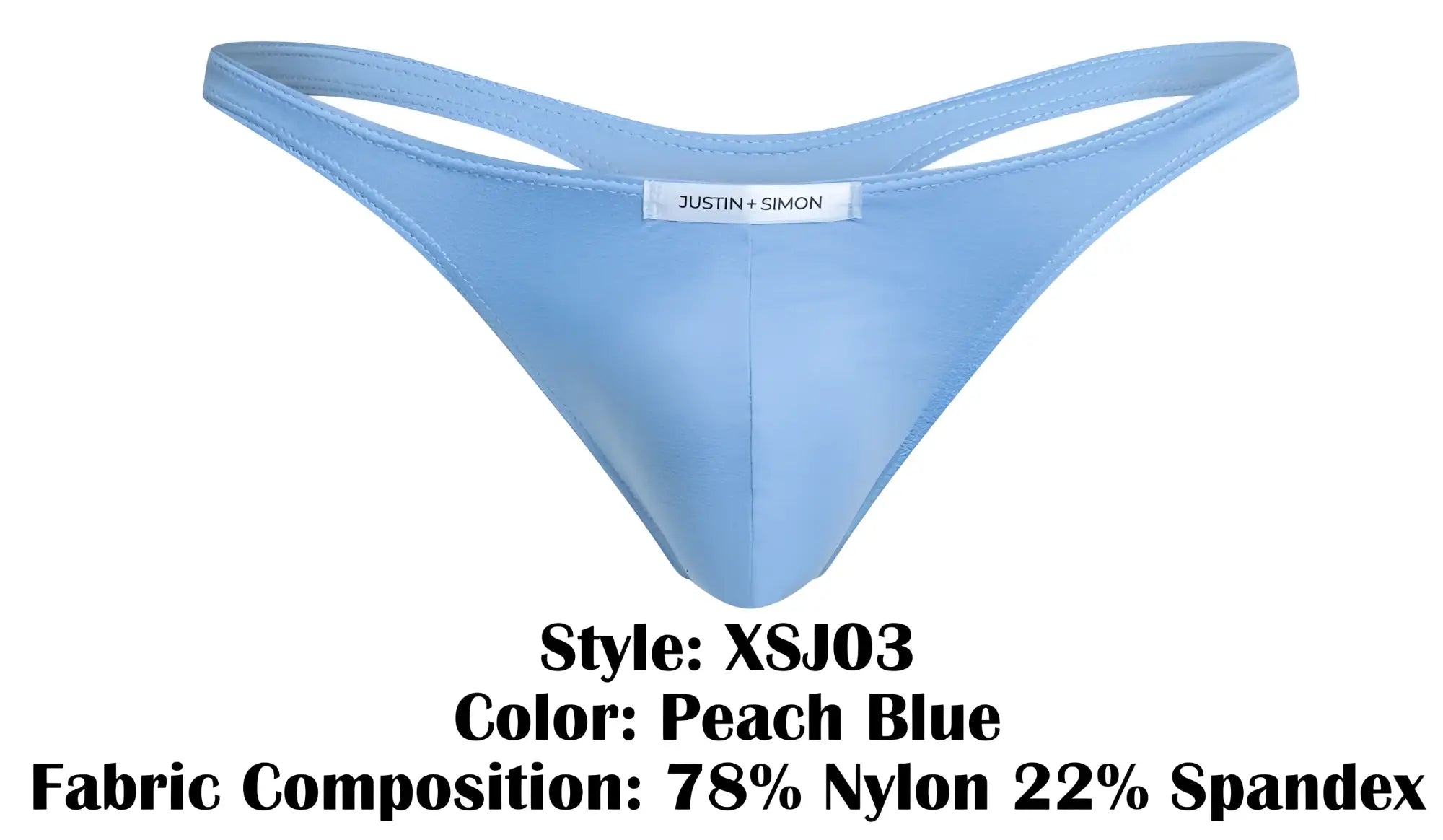 Peach blue classic thong by Justin Simon made of 78 nylon 22 spandex shown from the back side