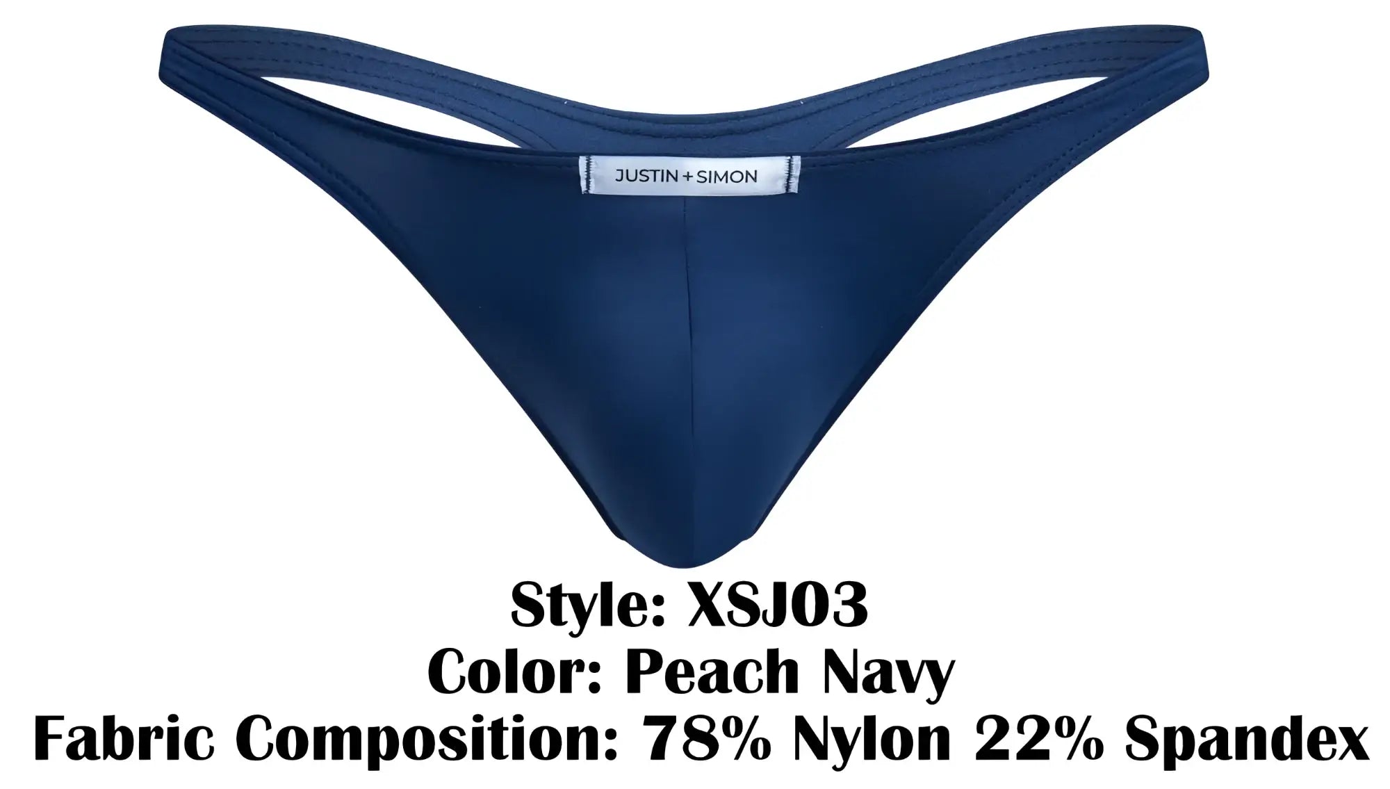 Navy blue and peach classic thong by justin + simon style xsj03 showing the back side of the underwear