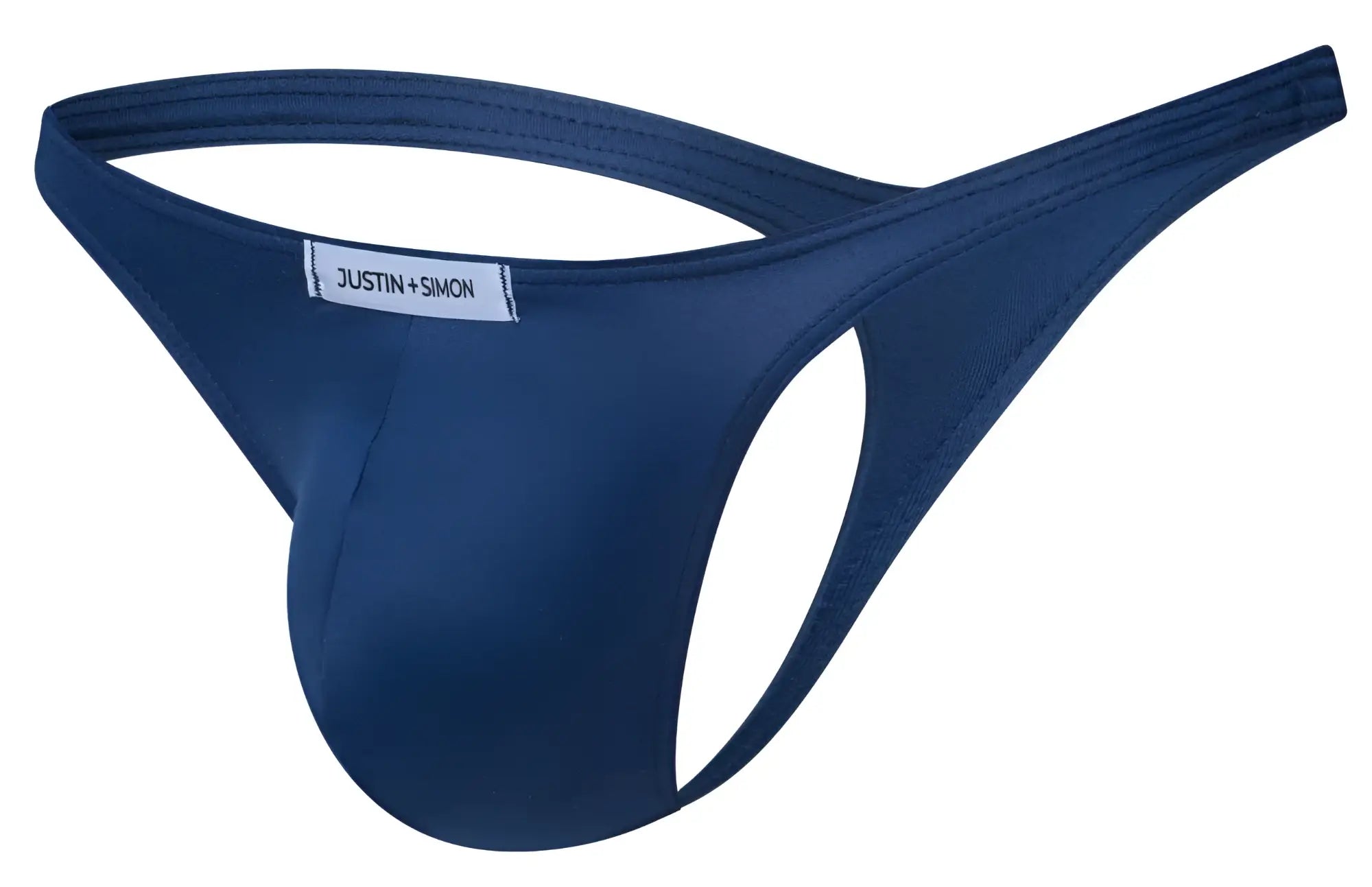 Navy blue justin simon thong made of smooth stretchable fabric with a sleek minimalist design in classic style