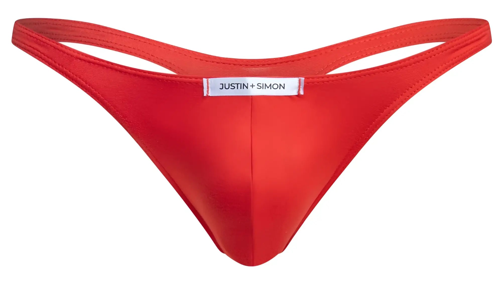 Bright red smooth satin thong by Justin Simon with white brand label classic peach red color XSJ03 model