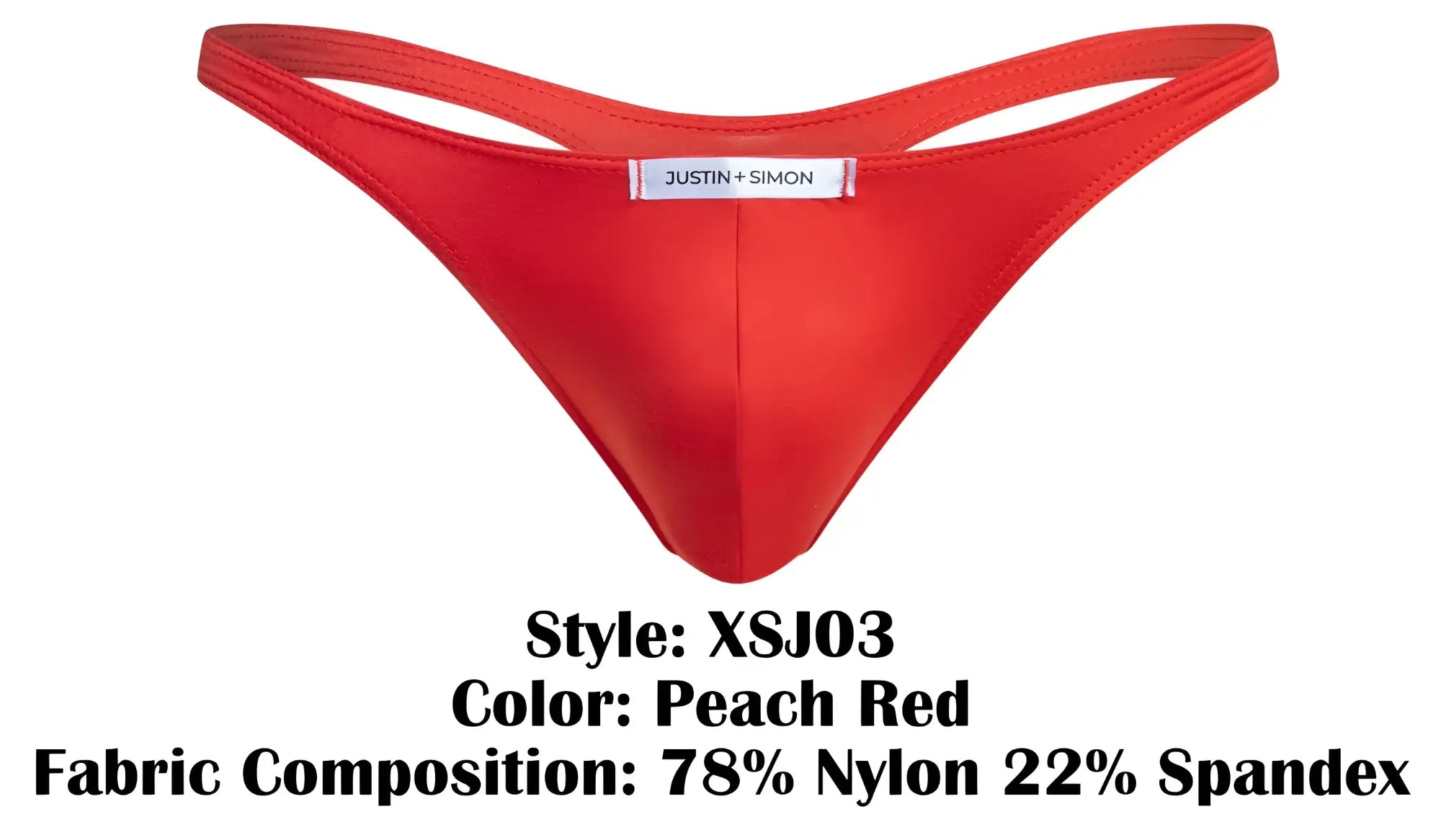 A vibrant peach red stretchy nylon spandex thong with justin simon label center classic xsj03 design