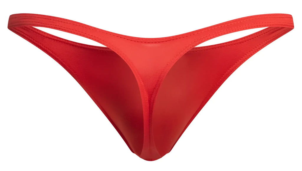 A vibrant red form-fitting thong from justin+simon xsj03 made of smooth stretchy fabric with a sleek minimalist design