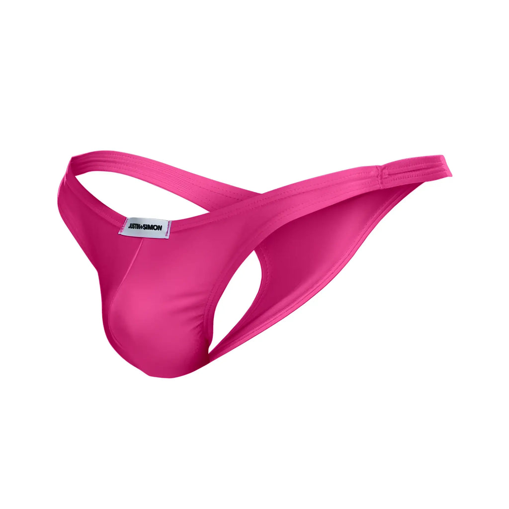 Bright pink seamless fabric thong with a branded label from justin simon xsj03 classic thongs collection