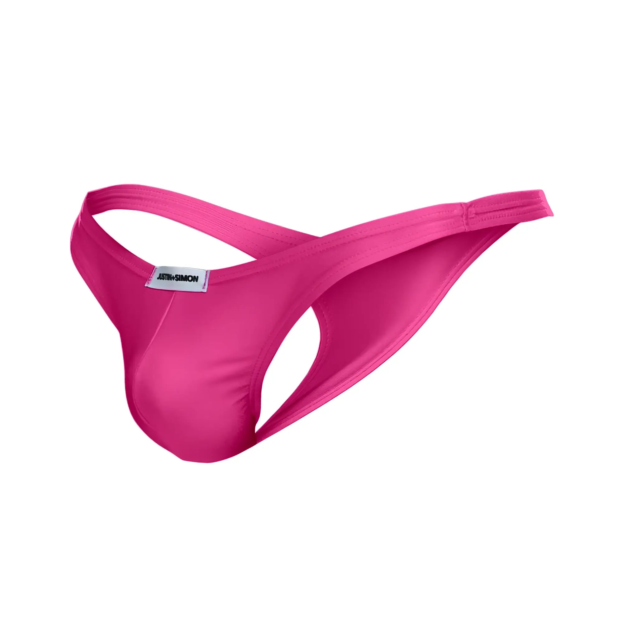Bright pink seamless fabric thong with a branded label from justin simon xsj03 classic thongs collection