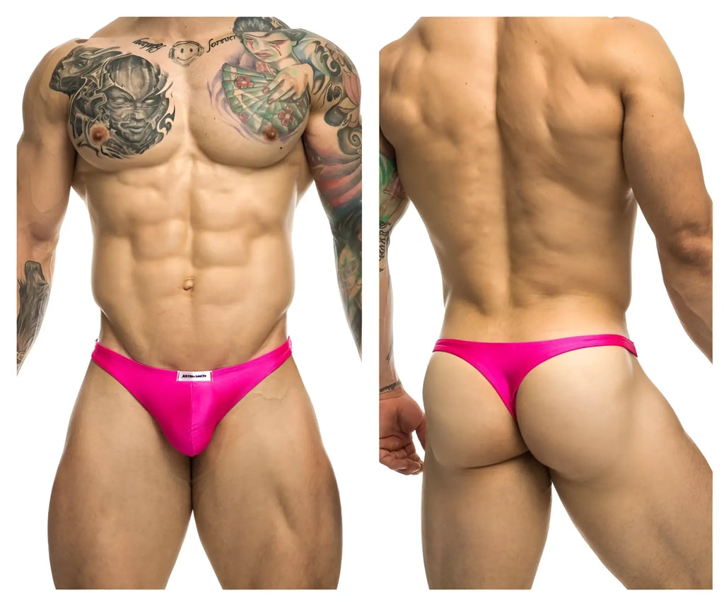 Vibrant fuchsia satin briefs with sleek form-fitting design and small white JUSTIN SIMON brand tag at waistband