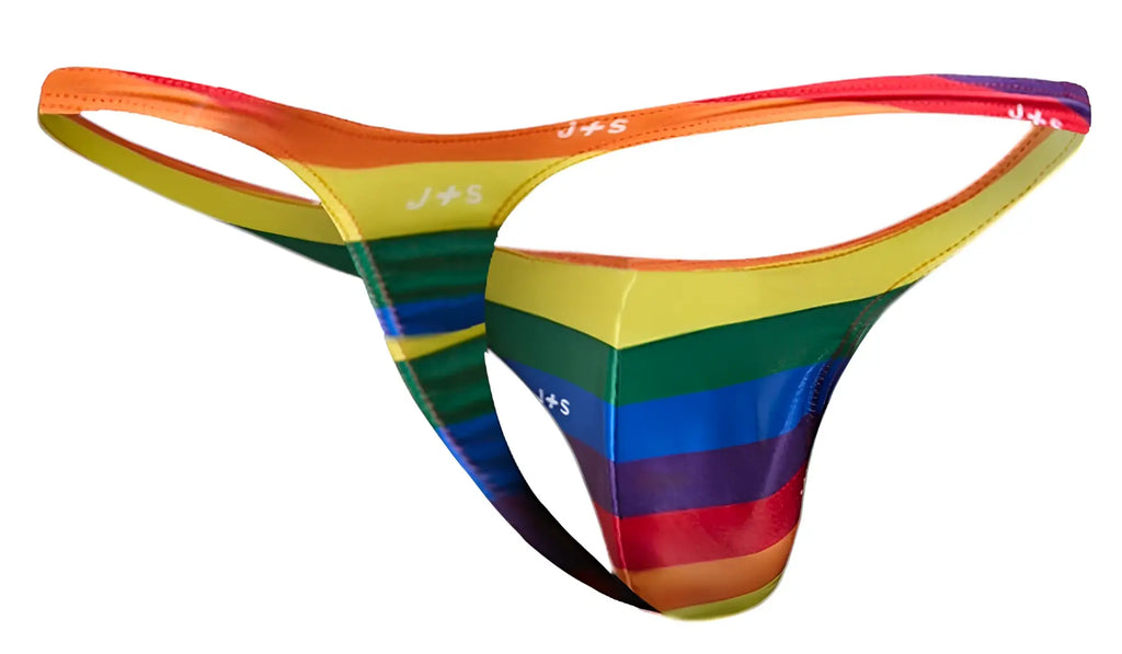 Justin+Simon XSJ03 classic rainbow-striped latex thong with j+s branding in pride flag colors front view