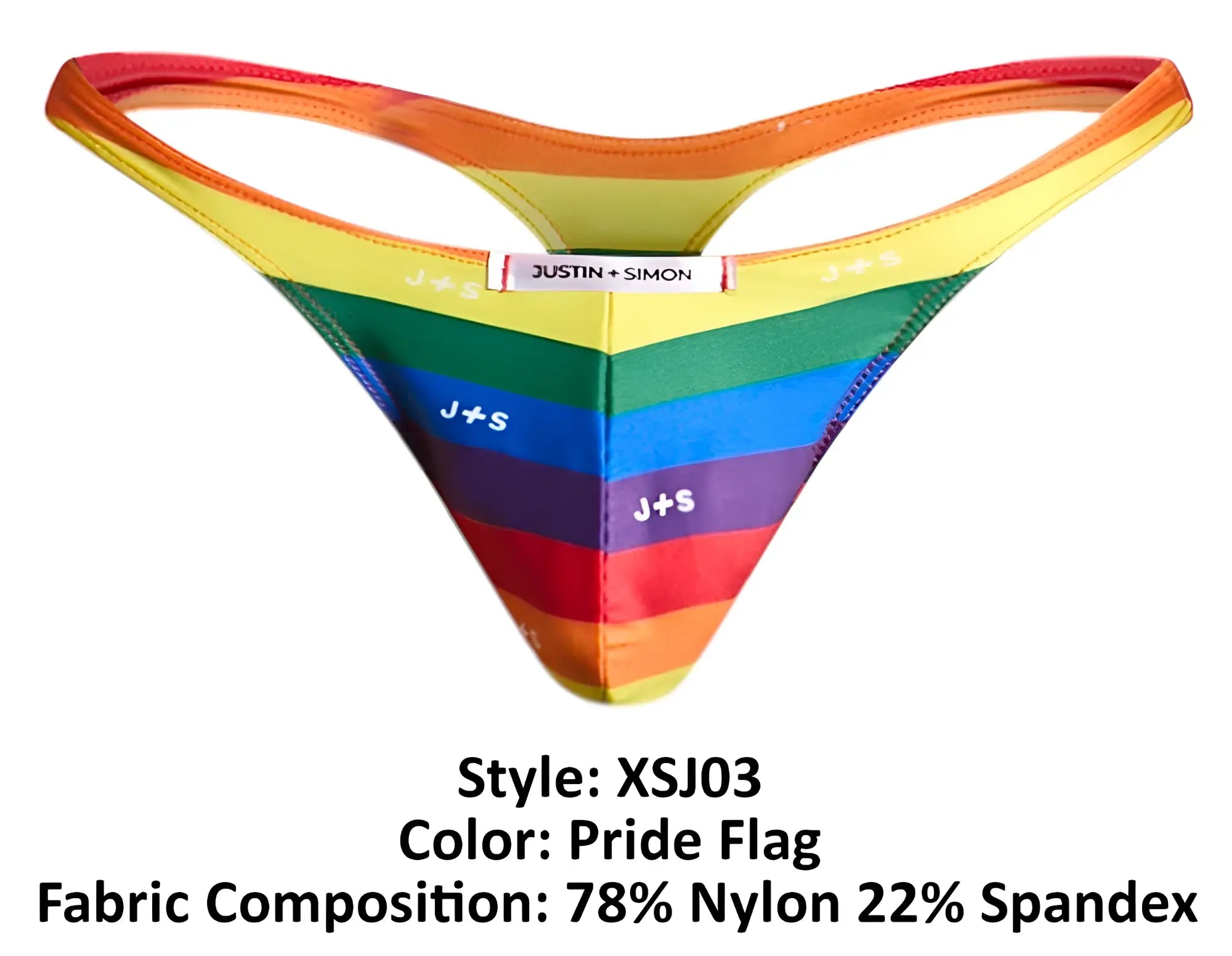 Justin+Simon xsj03 classic thong in pride flag rainbow stripes made from 78% nylon 22% spandex with j+s branding
