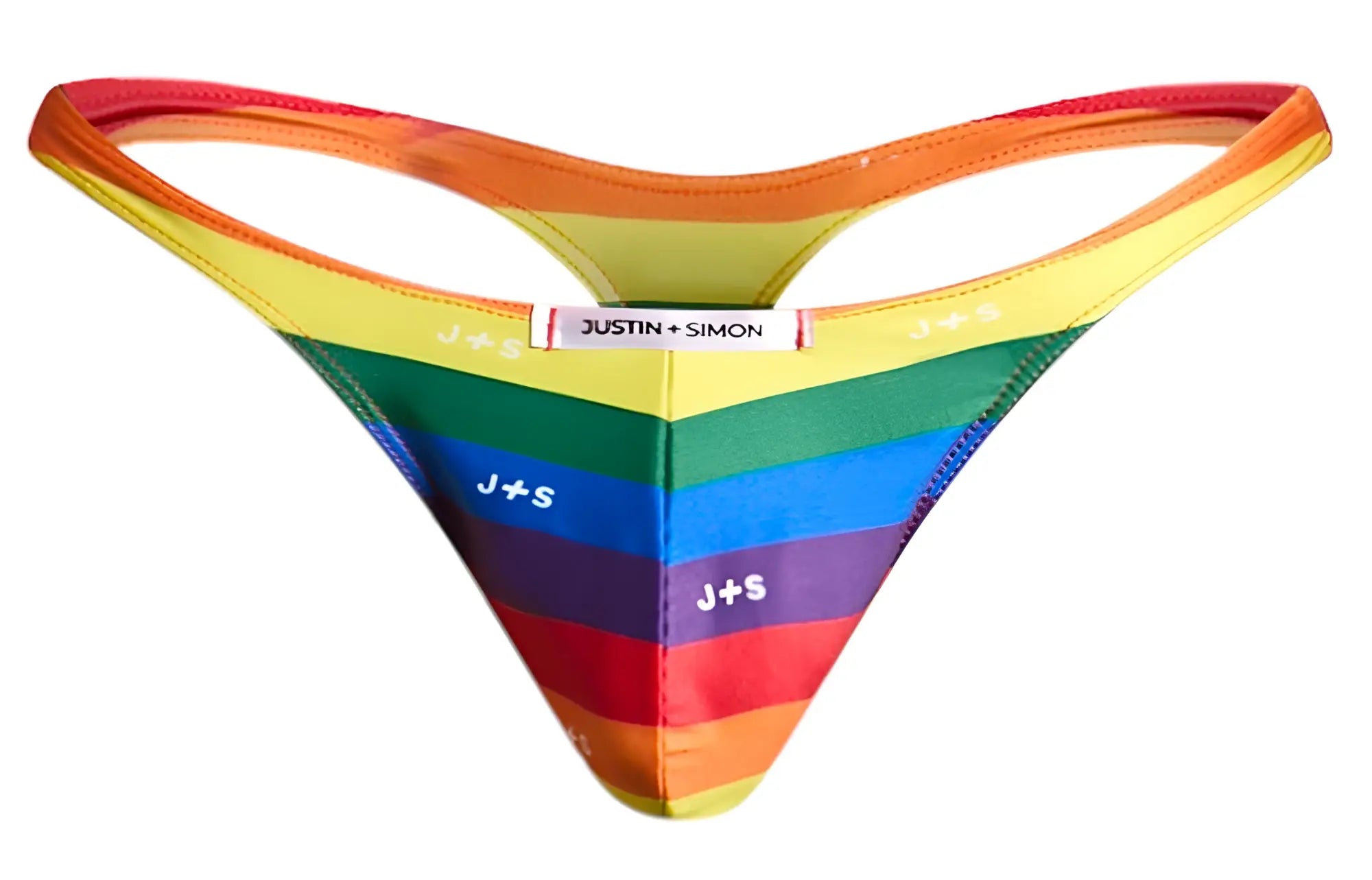 Rainbow-striped thong by justin simon featuring vibrant horizontal bands of six pride flag colors in classic style